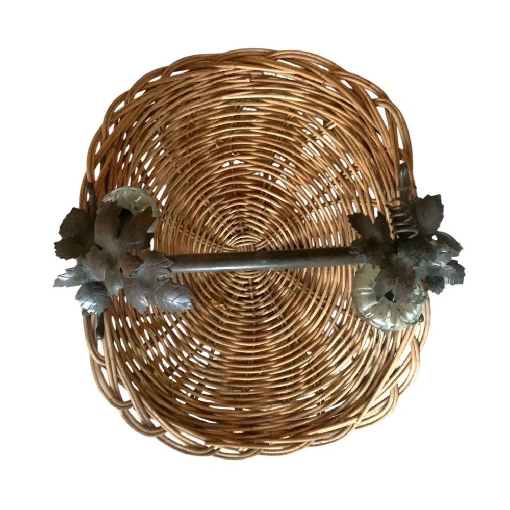 Large 30” Gathering Basket w Glass Pumpkins Metal Leaf Vine & Handle Log Holder